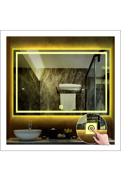 GLOBAL LED MIRROR 80x100 Cm Günışığı Ledli Tasarım Kumlamalı Dokunmatik Tuşlu Banyo Aynası Makyaj Aynası Işıklı Ayna ürün görseli 1