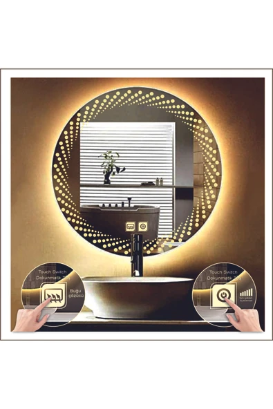 GLOBAL LED MIRROR 80 Cm Günışığı Ledli Tasarım Kumlamalı Dokunmatik Tuşlu Buğu Önleyicili Banyo Aynası Makyaj Aynası ürün görseli 1