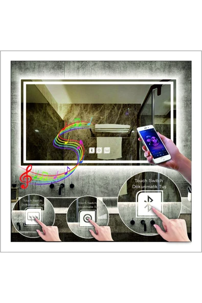 GLOBAL LED MIRROR 80x100 Cm Beyaz Ledli Tasarım Kumlamalı Dokunmatik Bluetoothlu Buğu Önleyicili Makyaj Banyo Aynası ürün görseli 1