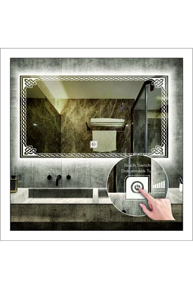 GLOBAL LED MIRROR 65x90 Cm Beyaz Ledli Tasarım Kumlamalı Dokunmatik Tuşlu Banyo Aynası Makyaj Aynası Işıklı Ayna ürün görseli 1