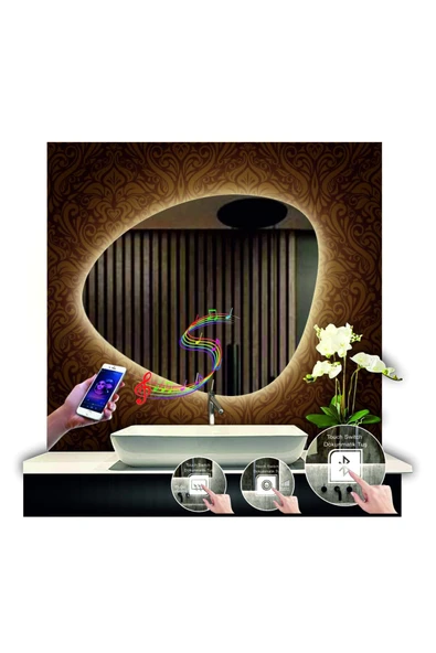 GLOBAL LED MIRROR 80 Cm Çapında Bluetoothlu Buğu Çözücülü Dokunmatik Ledli Asimetrik Banyo Aynası Dekoratif Led Işıklı ürün görseli 1