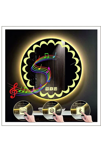 GLOBAL LED MIRROR 80 Cm Günışığı Ledli Tasarım Kumlamalı Dokunmatik Bluetoothlu Buğu Önleyicili Makyaj Banyo Aynası ürün görseli 1