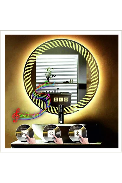GLOBAL LED MIRROR 80 Cm Günışığı Ledli Tasarım Kumlamalı Dokunmatik Bluetoothlu Buğu Önleyicili Makyaj Banyo Aynası ürün görseli 1