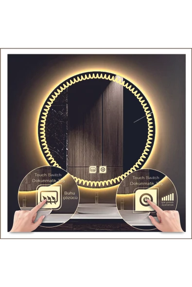 GLOBAL LED MIRROR 70 Cm Günışığı Ledli Tasarım Kumlamalı Dokunmatik Tuşlu Buğu Önleyicili Banyo Aynası Makyaj Aynası ürün görseli 1