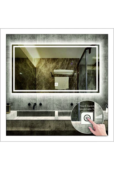 GLOBAL LED MIRROR 75x105 Cm Beyaz Ledli Tasarım Kumlamalı Dokunmatik Tuşlu Banyo Aynası Makyaj Aynası Işıklı Ayna ürün görseli 1