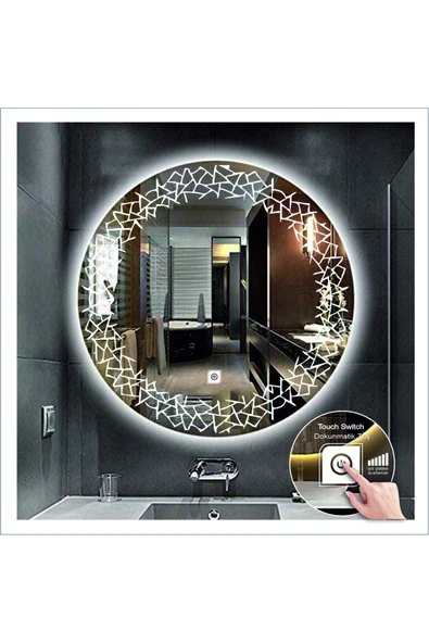 GLOBAL LED MIRROR 80 Cm Beyaz Ledli Tasarım Kumlamalı Dokunmatik Tuşlu Banyo Aynası Makyaj Aynası Işıklı Ayna ürün görseli 1