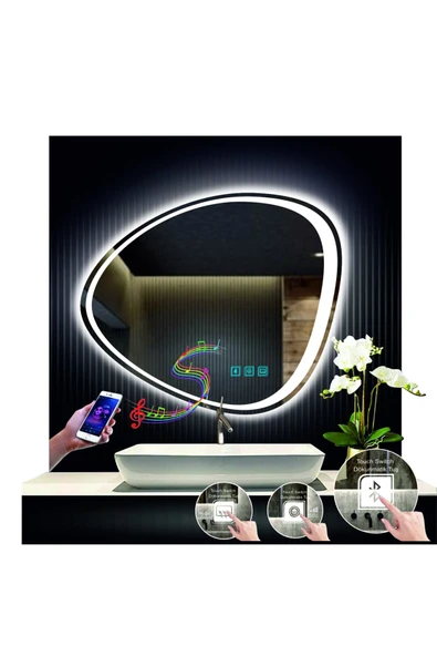 GLOBAL LED MIRROR 80 Cm Çapında Bluetoothlu Buğu Çözücülü Dokunmatik Ledli Kumlamalı Asimetrik Banyo Aynası Led Işıklı ürün görseli 1