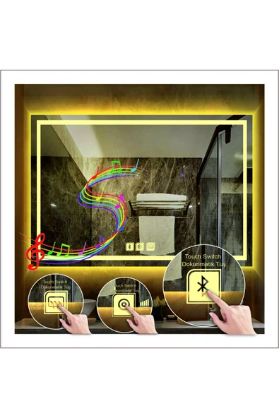 GLOBAL LED MIRROR 60x80 Cm Günışığı Ledli Tasarım Kumlamalı Dokunmatik Bluetoothlu Buğu Önleyicili Makyaj Banyo Aynası ürün görseli 1