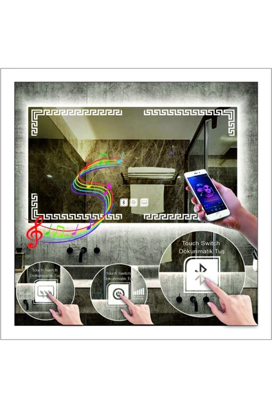 GLOBAL LED MIRROR 65x90 Cm Beyaz Ledli Tasarım Kumlamalı Dokunmatik Bluetoothlu Buğu Önleyicili Makyaj Banyo Aynası ürün görseli 1
