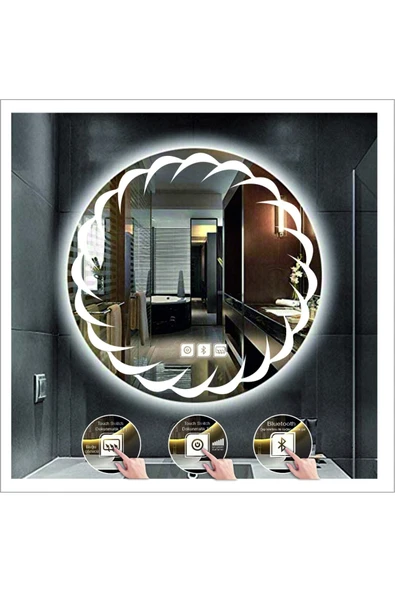GLOBAL LED MIRROR 60 Cm Beyaz Ledli Tasarım Kumlamalı Dokunmatik Bluetoothlu Buğu Önleyicili Banyo Aynası Makyaj Ayna ürün görseli 1