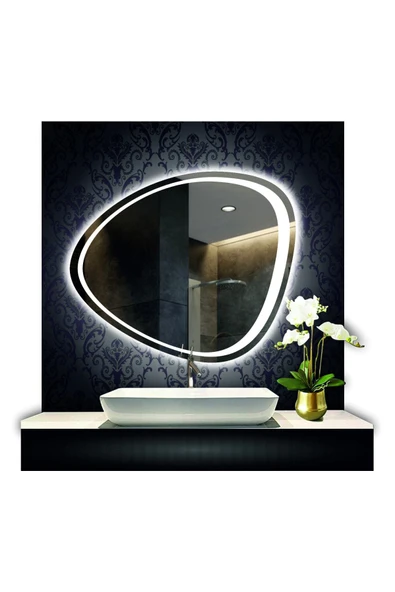 GLOBAL LED MIRROR 80 cm Çapında Led Işıklı Kumlamalı Asimetrik Banyo Aynası Dekoratif Makyaj Aynası Ledli Yatay Ayna ürün görseli 1