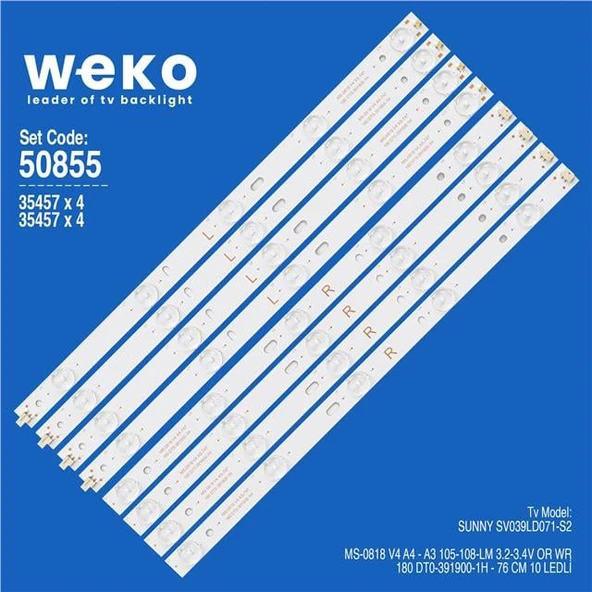 Wkset-5855 35457X4 Ms-0818 V4 A4 180 Dt0-391900-1H 4 Adet Led Bar (Bölünmüş 8 Adet) (Tvnizi açıp içindeki led barla birebir aynısı olduğunu görmeden almayınız. Sonrasında iade ALMAMAKTAYIZ.) ürün görseli 1