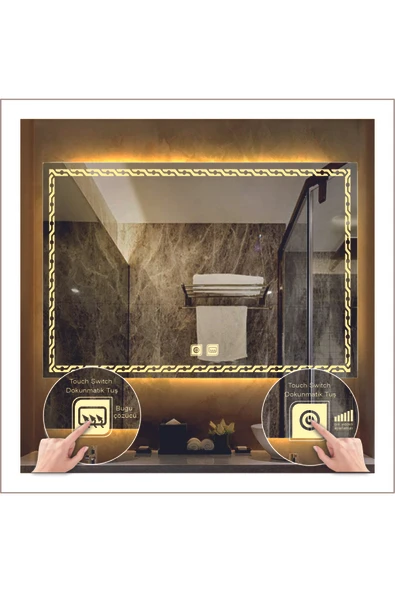 GLOBAL LED MIRROR 75x105 Cm Günışığı Ledli Tasarım Kumlamalı Dokunmatik Tuşlu Buğu Önleyicili Banyo Aynası ürün görseli 1