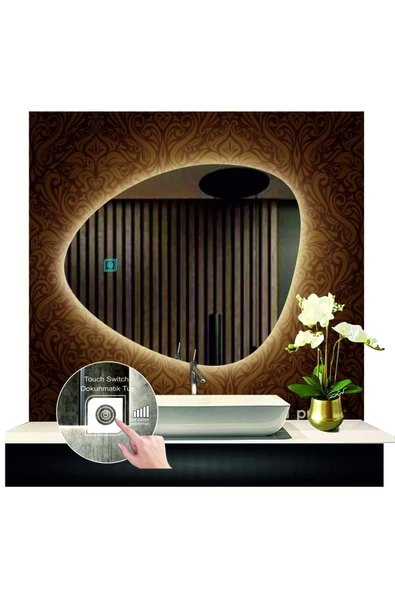 GLOBAL LED MIRROR 70 Cm Çapında Dokunmatik Ledli Asimetrik Banyo Aynası Dekoratif Makyaj Aynası Ledli Yatay Ayna ürün görseli 1