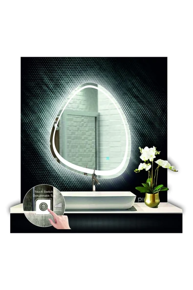 GLOBAL LED MIRROR 70 cm Çapında Dokunmatik Ledli Kumlamalı Asimetrik Banyo Aynası Dekoratif Makyaj Aynası Ledli Dikey ürün görseli 1
