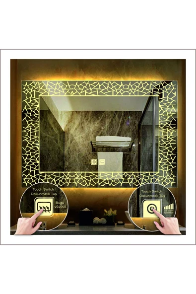GLOBAL LED MIRROR 70x100 Cm Günışığı Ledli Tasarım Kumlamalı Dokunmatik Tuşlu Buğu Önleyicili Banyo Aynası ürün görseli 1