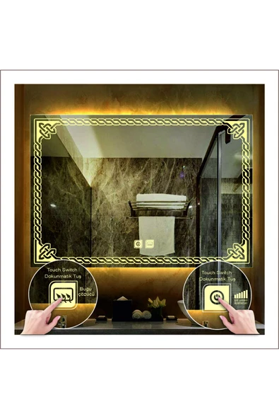 GLOBAL LED MIRROR 70x90 Cm Günışığı Ledli Tasarım Kumlamalı Dokunmatik Tuşlu Buğu Önleyicili Banyo Aynası ürün görseli 1