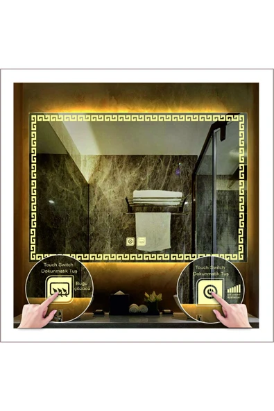 GLOBAL LED MIRROR 65x90 Cm Günışığı Ledli Tasarım Kumlamalı Dokunmatik Tuşlu Buğu Önleyicili Banyo Aynası ürün görseli 1