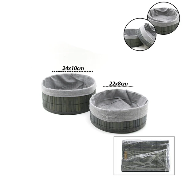 GRİ 2 BOY YUVARLAK BAMBU KENAR ORGANİZER SEPET AHŞAP ALTLIK - BEZLİ ÇAP=22X24CM (5433) ürün görseli 1