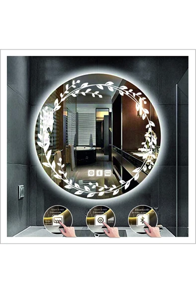 GLOBAL LED MIRROR 70 Cm Beyaz Ledli Tasarım Kumlamalı Dokunmatik Bluetoothlu Buğu Önleyicili Banyo Aynası Makyaj Ayna ürün görseli 1
