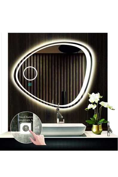 GLOBAL LED MIRROR 70 cm Çapında Dokunmatik Ledli Kumlamalı Makyaj Aynalı Asimetrik Banyo Aynası Dekoratif Ledli ürün görseli 1