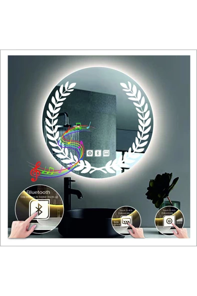 GLOBAL LED MIRROR 50 Cm Beyaz Ledli Tasarım Kumlamalı Dokunmatik Bluetoothlu Buğu Önleyicili Banyo Aynası Makyaj Ayna ürün görseli 1