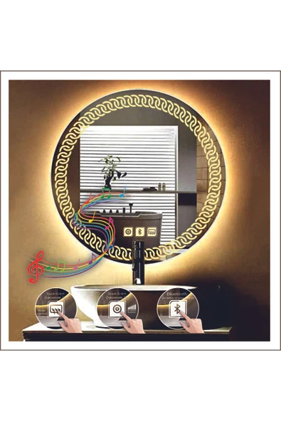 GLOBAL LED MIRROR 55 Cm Günışığı Ledli Tasarım Kumlamalı Dokunmatik Bluetoothlu Buğu Önleyicili Makyaj Banyo Aynası ürün görseli 1