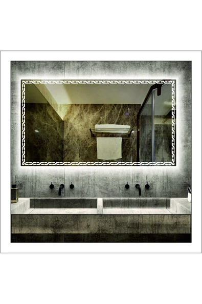 GLOBAL LED MIRROR 50x70 Cm Beyaz Ledli Tasarım Kumlamalı Banyo Aynası Makyaj Aynası Işıklı Ayna ürün görseli 1
