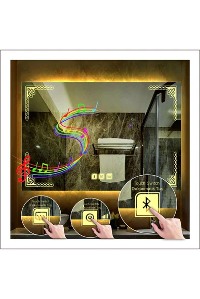GLOBAL LED MIRROR 70x90 Cm Günışığı Ledli Tasarım Kumlamalı Dokunmatik Bluetoothlu Buğu Önleyicili Makyaj Banyo Aynası ürün görseli 1