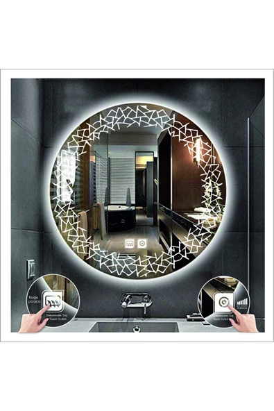 GLOBAL LED MIRROR 80 Cm Beyaz Ledli Tasarım Kumlamalı Dokunmatik Tuşlu Buğu Önleyicili Banyo Aynası Makyaj Aynası ürün görseli 1