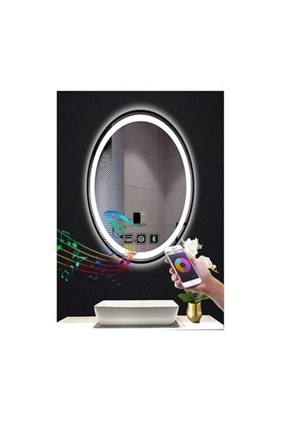 GLOBAL LED MIRROR 65x85 Cm Bluetoothlu Dokunmatik Tuşlu Buğu Çözücü Ledli Elips Banyo Aynası ürün görseli 1