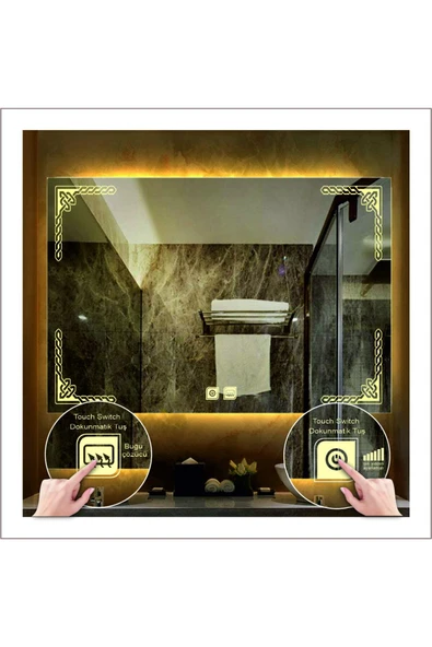 GLOBAL LED MIRROR 70x100 Cm Günışığı Ledli Tasarım Kumlamalı Dokunmatik Tuşlu Buğu Önleyicili Banyo Aynası ürün görseli 1
