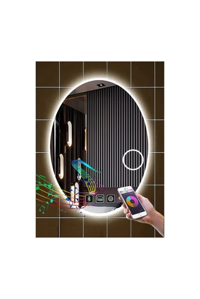 GLOBAL LED MIRROR 55x75 Cm Bluetoothlu Makyaj Aynalı Buğu Yapmayan Ledli Elips Banyo Aynası ürün görseli 1