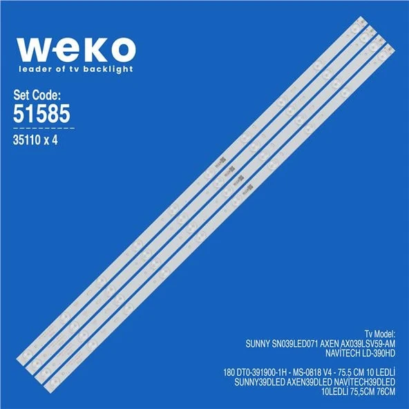 Wkset-6585 35110X4 180 Dt0-391900-1H - Ms-0818 V4  4 Adet Led Bar (Tvnizi açıp içindeki led barla birebir aynısı olduğunu görmeden almayınız. Sonrasında iade ALMAMAKTAYIZ.) ürün görseli 1