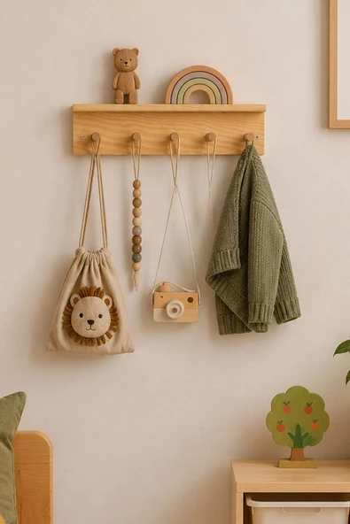 Ahşap Askılık Raf ve Kitaplık Raf Eğitici Montessori Duvar Rafı 40 Cm ürün görseli 1