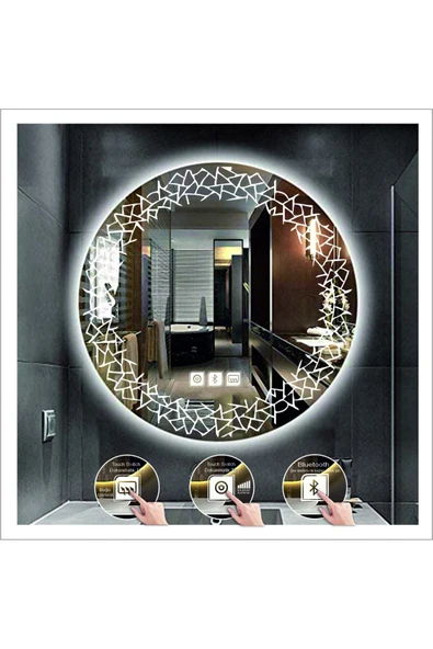 GLOBAL LED MIRROR 90 Cm Beyaz Ledli Tasarım Kumlamalı Dokunmatik Bluetoothlu Buğu Önleyicili Banyo Aynası Makyaj Ayna ürün görseli 1