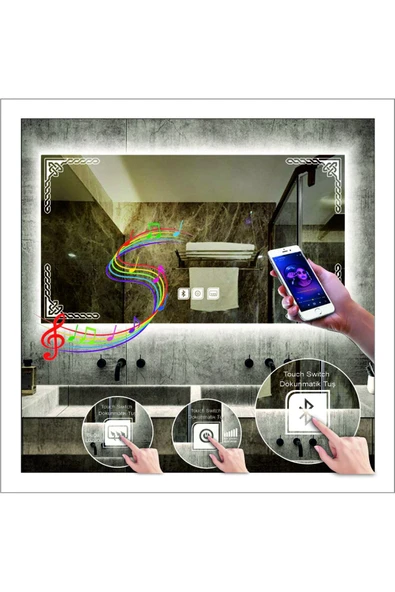 GLOBAL LED MIRROR 80x120 Cm Beyaz Ledli Tasarım Kumlamalı Dokunmatik Bluetoothlu Buğu Önleyicili Makyaj Banyo Aynası ürün görseli 1