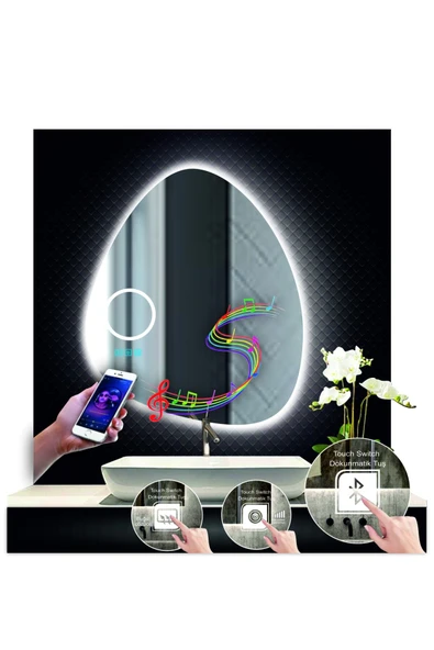 GLOBAL LED MIRROR 80 Cm Çapında Bluetoothlu Buğu Çözücülü Dokunmatik Ledli Makyaj Aynalı Asimetrik Banyo Aynası ürün görseli 1