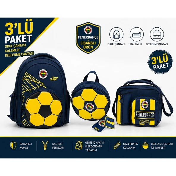 Fenerbahçe Lisanslı 3D Suni Deri Detaylı Okul Çantası 26784+ Beslenme Çantası 26760+ Kalemlik 26787 ürün görseli 1
