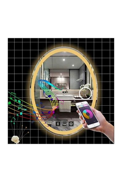 GLOBAL LED MIRROR 80x100 Cm Bluetoothlu Makyaj Aynalı Buğu Yapmayan Ledli Elips Banyo Aynası ürün görseli 1