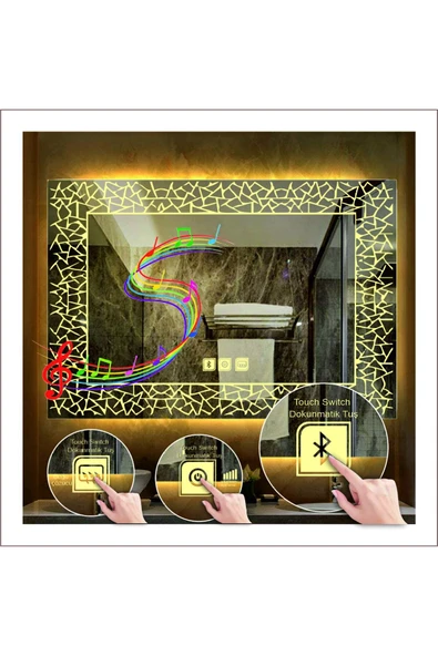 GLOBAL LED MIRROR 80x120 Cm Günışığı Ledli Tasarım Kumlamalı Dokunmatik Bluetoothlu Buğu Önleyicili Banyo Aynası ürün görseli 1
