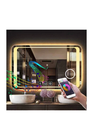 GLOBAL LED MIRROR 80x120 Cm Bluetoothlu Makyaj Aynalı Buğu Yapmayan Ledli Banyo Aynası ürün görseli 1