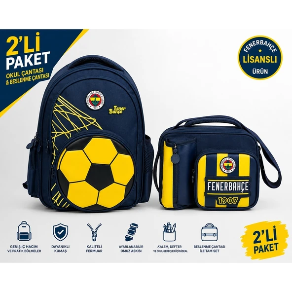 Fenerbahçe Lisanslı 3D Suni Deri Detaylı Okul Çantası 26784+ Beslenme Çantası 26760 ürün görseli 1