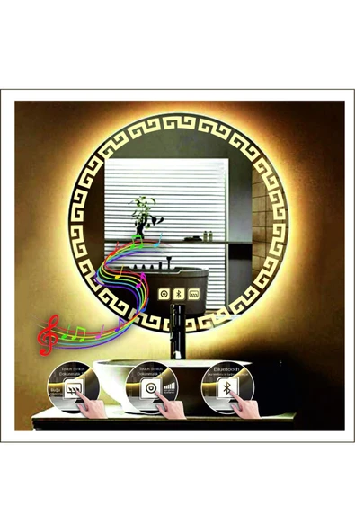 GLOBAL LED MIRROR 90 Cm Günışığı Ledli Tasarım Kumlamalı Dokunmatik Bluetoothlu Buğu Önleyicili Makyaj Banyo Aynası ürün görseli 1