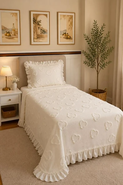 Çeyiz Diyarı Ruffle Pure Love 2 Parça Tek Kişilik Pike Takımı Krem ürün görseli 1