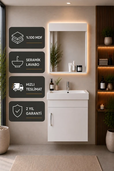 ICON BANYO Luzia 50 Cm Banyo Dolabı Seti ( %100 Mdf + Seramik Lavabolu + Aynalı Dolap ) ürün görseli 1