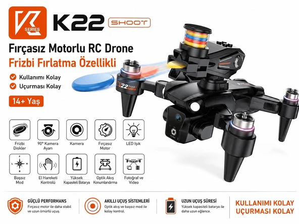 K22 SHOOT FRİZBİ FIRLATMA ÖZELLİKLİ FIRÇASIZ MOTORLU RC DRONE HAVA FOTOĞRAFÇILIK DRON KATLANABİLİR AKILLI SENSÖR KUMANDALI WİFİ FPC VANLI GÖRÜNTÜ ELEKTİRİKLİ KAMERA ürün görseli 1