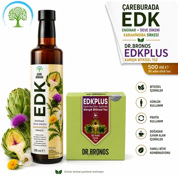 ÇareBurada EDK Sirke 500 ml & Dr. Bronos EDK Bitkisel Toz 30 Stick | Enginar, Devedikeni, Karahindiba ürün görseli 1