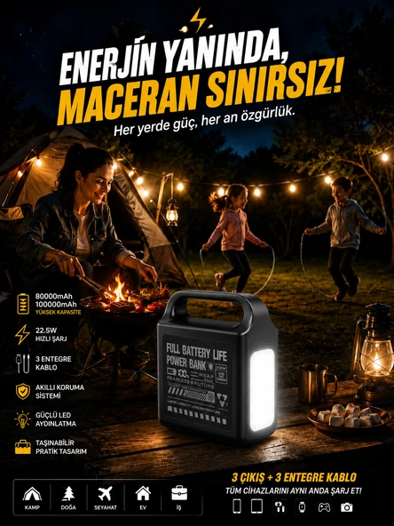 100000mAh Powerbank 22.5W Hızlı Şarj Dahili Kablolu LCD Ekranlı LED Fenerli 3A Taşınabilir Güç İstasyonu ürün görseli 1