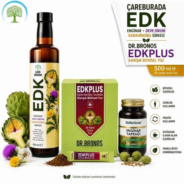 ÇareBurada EDK Sirke 500 ml & Dr. Bronos EDK Bitkisel Toz 30 Stick & Enginar Yaprağı 60 Kapsül | Enginar, Devedikeni, Ka ürün görseli 1
